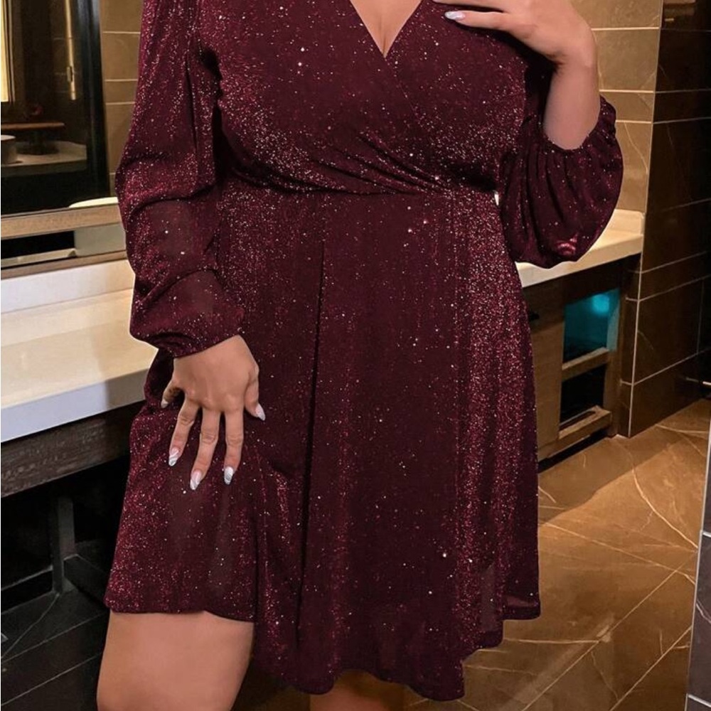 Allurite Plus Size V-Neck Crisscross Wrap Elegant Long Sleeve Dress